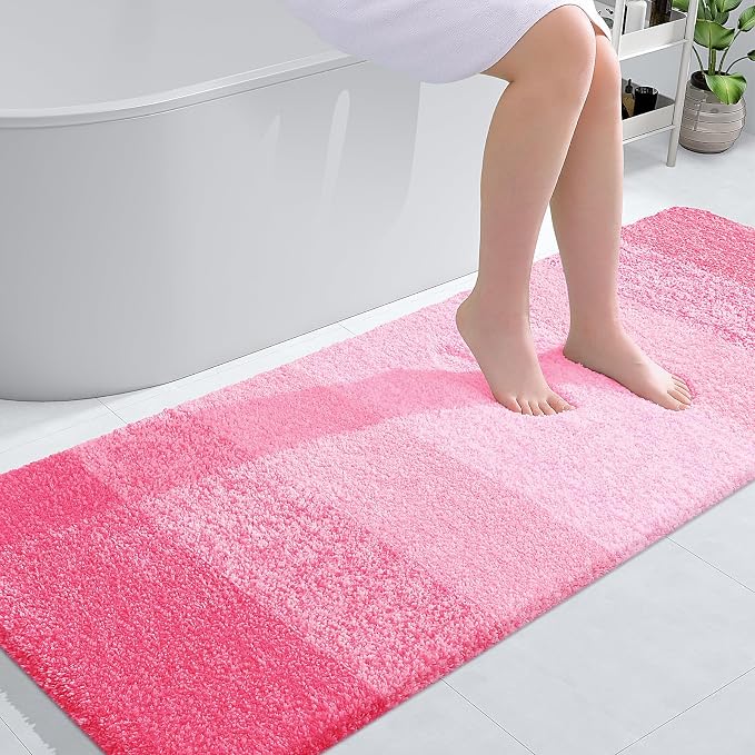 OLANLY Bathroom Runner Rug 59x24, Extra Soft Absorbent Microfiber Bath Rugs | Pink, Non-Slip Quick-Drying Rubber Backing, Machine Washable Long Bath Mat for Floor, Tub and Shower, Home Decor Accessories
