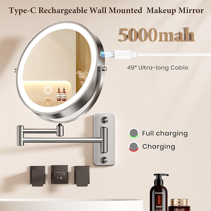9" Large Wall Mounted Lighted Makeup Mirror, 5000mAh Rechargeable 1X/20X Magnifying Mirror with 3 Color Lights Touch Dimmable, Extended Arm 360° Swivel Bathroom Wall Mounted Makeup Mirror,Pearl Nickel