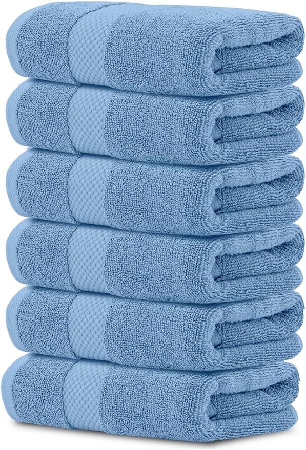 White Classic Luxury Light Blue Hand Towels - Soft 100% Turkish Cotton | Highly Absorbent Hotel spa Bathroom Towel Collection | 16x30 Inch | Set of 6