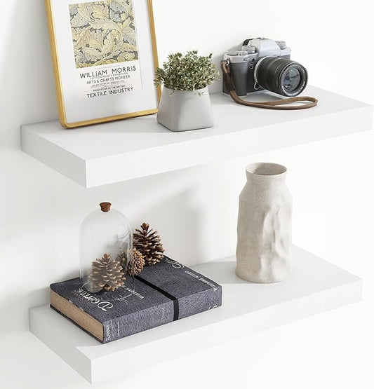24 Inch Floating shelves for Wall, 8 Inch Deep, Invisible Brackets, White | Rustic Wall Mounted Shelf, Storage & Display, Wooden Shelves for Living Room, Kitchen, Bathroom and Home Decor, Set of 2