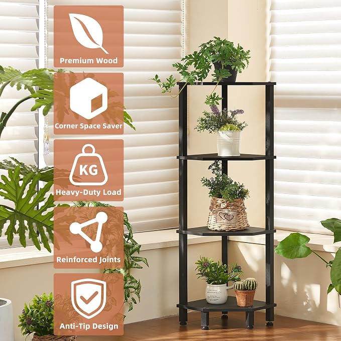 YUFAM 4-Tier Corner Shelf, Black | Wooden Corner Bookshelf for Small Spaces, Corner Standing Shelf with Sturdy 5-Leg Base