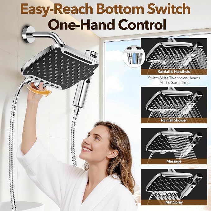 JDO High Pressure Rain Shower Head with Handheld Spray Silver | 7 Modes Dual Shower Head, 10-inch Rainfall Showerheads Combo, Detachable Hand Held Shower Wand, Power Jets, 71" Hose