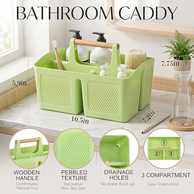 Plastic Green Shower Caddy Basket with 3 Compartments, Portable Divided Bathroom Cleaning Caddy Organizer Storage Tote with Handle for Dorm, College, Room Essentials