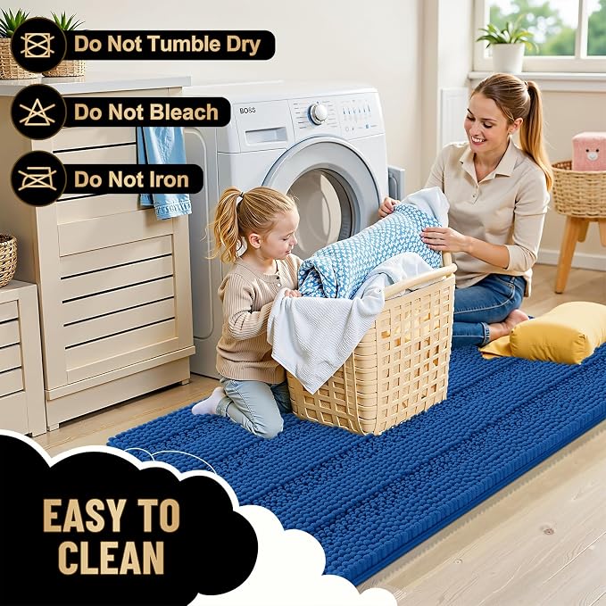 OLANLY Thick Bathroom Rugs 30x20, Soft Chenille Bath Rugs, Deep Navy Blue | Rubber Backing, Machine Wash, Extra Absorbent Striped Bath Mats for Bathroom Floor, Tub and Shower, Home Decor Accessories