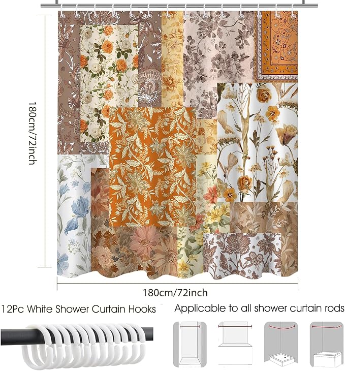 Vintage Boho Shower Curtain Retro Floral Shower Curtain Boho Floral Bathroom Decor Waterproof Mid Century Farmhouse Flowers Patchwork Bath Curtain 72 X 72 Inch (Yellow, 72"W x 72"L (Pack of 1))