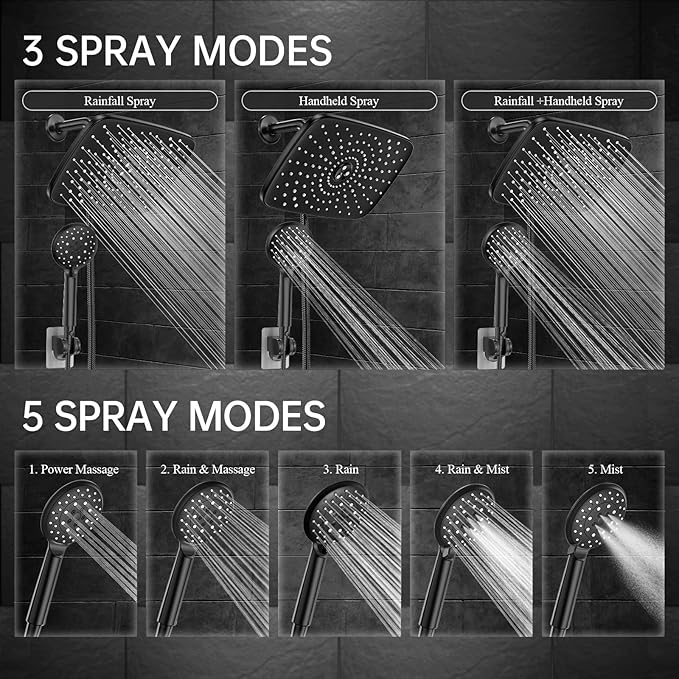 Veken 11.8“ Rain Shower Head with Handheld,Dual High Pressure Shower Heads | Easy Pause,5-mode Hand Held Spray with Hose,Wide Detachable Rainfall,Double Showerhead Combo,Bathroom Accessories,Matte Black