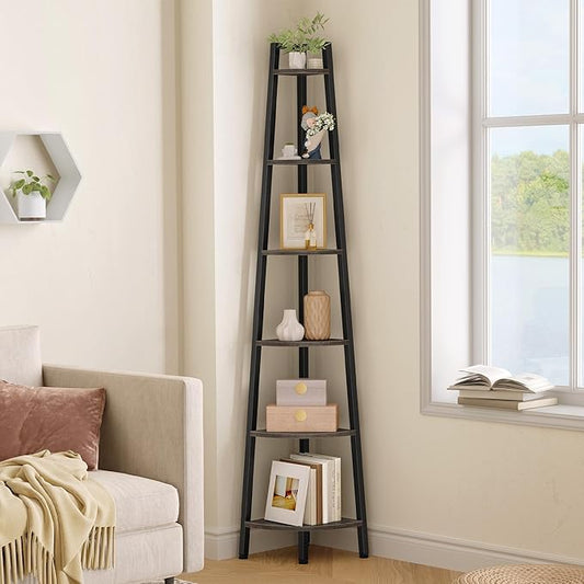 Hoctieon Corner Shelf, 6-Tier Corner Bookshelf, Rustic Ladder Shelf, Industrial Display Stand for Living Room, Kitchen, Home Office, Balcony, Small Space, Metal Frame, Grey