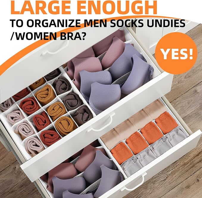 Drawer Organizer - 6 Set Clothes Organizer for Closet & Bedroom - 90 Cells Bins for Sock, Underwear, Bra, Baby Clothes - Washable & 10xDurable than Non-Woven Fabric (White)
