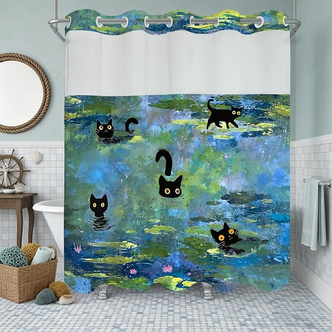 Accnicc Cute Cat No Hook Shower Curtain with Snap in Liner 71×74 Inch | Funny Fun Cool Cats Monet Hookless Shower Curtains, Water lilies Bath Curtain Decor, Waterproof Washable Polyester Fabric