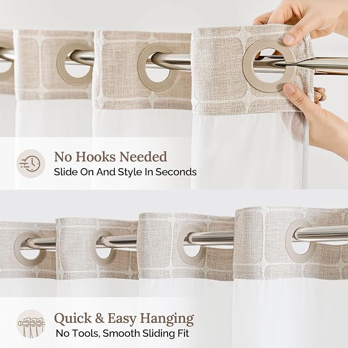 RiverDream Farmhouse No Hooks Shower Curtain with Snap-in Liner,Linen,36x74 | Snap on Fabric Liner,Heavy Duty,Quick Dry,Mesh Top Window,With Bottom Magnets,Washable,with Tassels,Stall Size