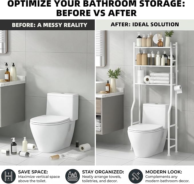 GloTika 3-Tier Over Toilet Storage, Anti-Tilt, 64" H, White | Anti-Tilt Safety System, 150lb Capacity, Carbon Steel, Freestanding, No Drilling, Anti-Rust Coating, Paper Holder & 4 Hooks