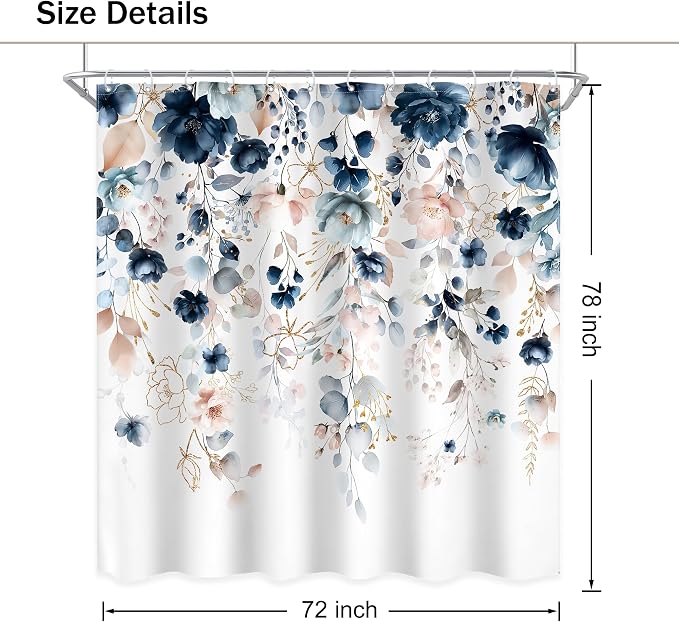 Extra Long Flower Spring Blue Pink Bathroom Shower Curtain Set | 72"W x 78"L Floral Wilfflower look, waterproof HD printed shower curtain, quick-dry fabric and free hooks.