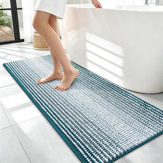 OLANLY Bathroom Runner Rugs 47x17, Chenille Striped Bath Rugs, Peacock Blue | Extra Soft Absorbent, Rubber Backing, Machine Wash Dry, Bath Mats for Bathroom Floor, Tub and Shower, Home Decor Accessories