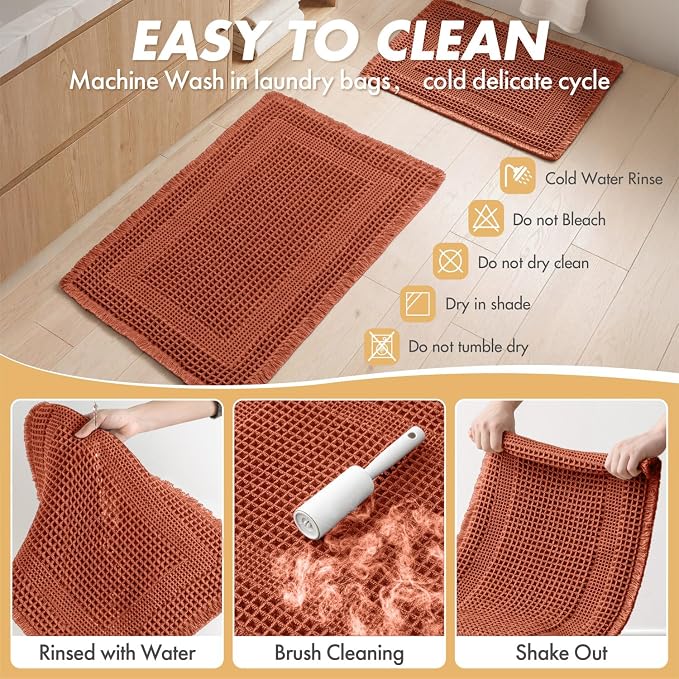 MIULEE Fall Orange Set of 2 Waffle Bathroom Rugs Boho Bath Mat 17x24+18x30 | Looped Design, Super Absorbent, Non Slip, Washable, Ultra Soft, Rubber Backed, Bathroom Mats for Floor Tub Shower, Fall decor