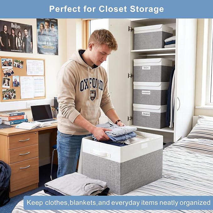 Large 17" 42 Quarts Collapsible Stackable Storage Bins with Lids [3-Pack] Foldable Fabric Linen Storage Boxes Cube, Closet Organizer Baskets with Label (16.7 x 12 x 12, Gray & White)