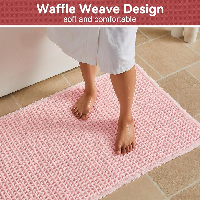 Triohero Waffle Bath Mat, Small Boho Bathroom Rugs Non Slip Washable, Ultra Soft Super Absorbent Quick Dry Farmhouse Bathroom Decor, 16" x 24", Light Peachy Pink