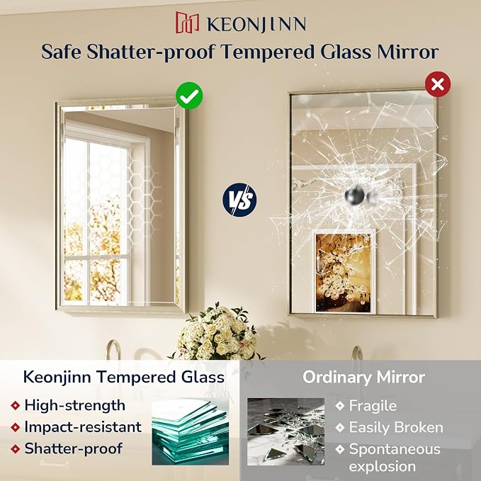 Keonjinn 48" x 30" Brushed Nickel Bathroom Mirrors for Over Sink, Aluminum | Safe Tempered Glass with Beveled Edge, Shatterproof, French Cleat, Lightweight, Metal Framed Mirror for Vanity, Silver