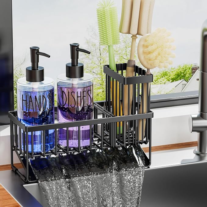 MASADI Kitchen Sink Caddy with Dish Soap Dispenser Set, 12OZ Glass Bottle, Hand and Dish Soap Dispenser Set, Non-Slip Silicone Pad, Brush Holder, Kitchen Sink Organizer Countertop (Black+Clear)