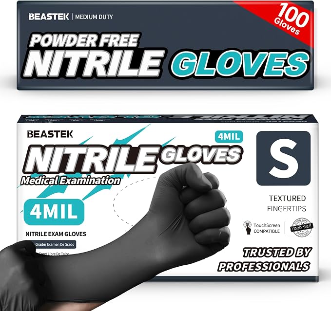Black Nitrile Exam Gloves, 4 Mil, Powder-Free Food Prep Disposable | Soft+ • Powder-Free • Latex-Free • Medical • Examination • Cooking • Cleaning • Food Prep • Tattoo • Black • 100 Ct & 1000 Ct