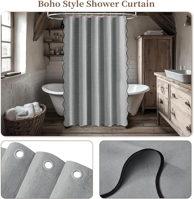 Narrow Scalloped Linen Textured Cloth Shower Curtain, 54x72, Grey/Gray | Small Size, 230GSM Waterproof Polyester, Heavy Duty Fabric, 10 Plastic Hooks, Boho Modern Farmhouse Style, Machine Washable
