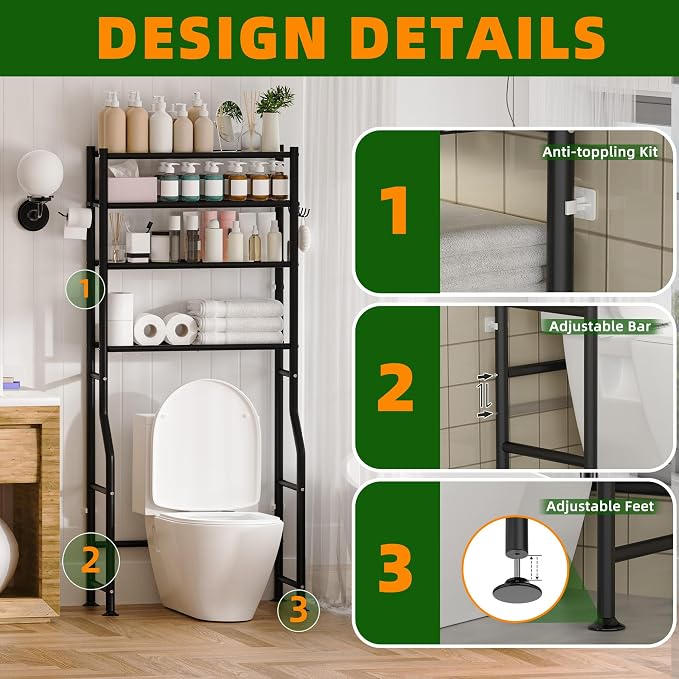 GloTika 4-Tier Over Toilet Storage, Anti-Tilt, 64" H, Black | Anti-Tilt Safety System, 150lb Capacity, Carbon Steel, Freestanding, No Drilling, Anti-Rust Coating, Paper Holder & 4 Hooks