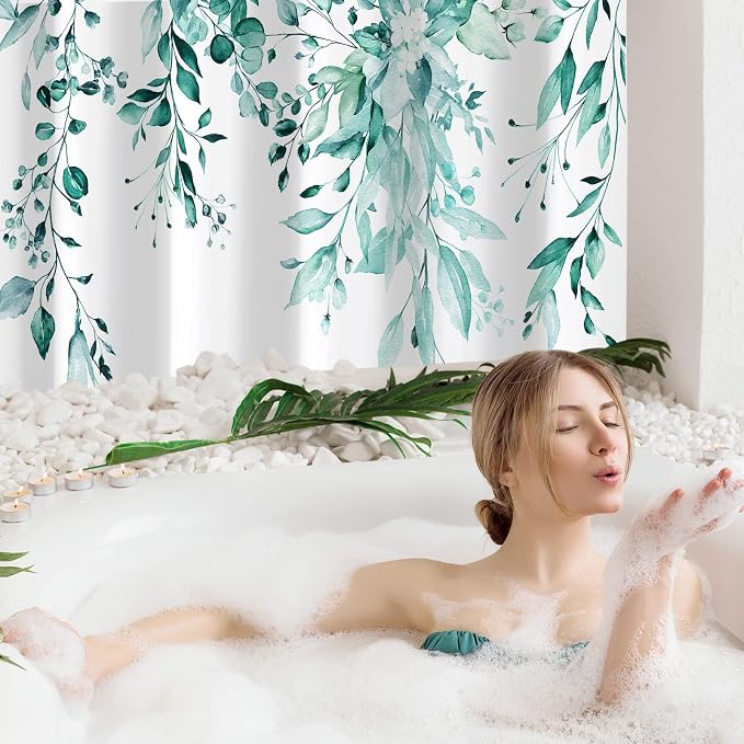 Teal Eucalyptus Shower Curtain, Watercolor Floral Print, 72x96 | Watercolor Plant Leaves Floral Print, Extra Long Waterproof Fabric Bathroom Decor, Machine Washable, Rustproof Grommets