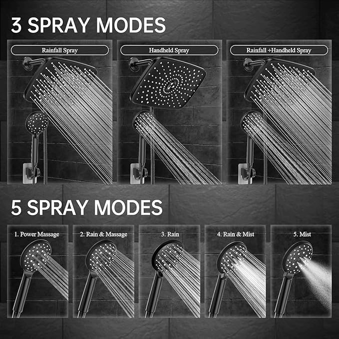 Veken 11.8“ Rain Shower Head with Handheld,Dual High Pressure Shower Heads | Easy Pause,5-mode Hand Held Spray with Hose,Wide Detachable Rainfall,Dual Showerhead Combo,Bathroom Accessories,Decor,Chrome