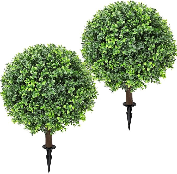 Artificial Boxwood Topiary Ball Tree 24" with Ground Spike, Set of 2 Artificial Boxwood Bushes for Faux Shrubs, Fake Evergreen Faux Plant for Indoor Outdoor Porch Garden- UV Resistant – Fade-Proof
