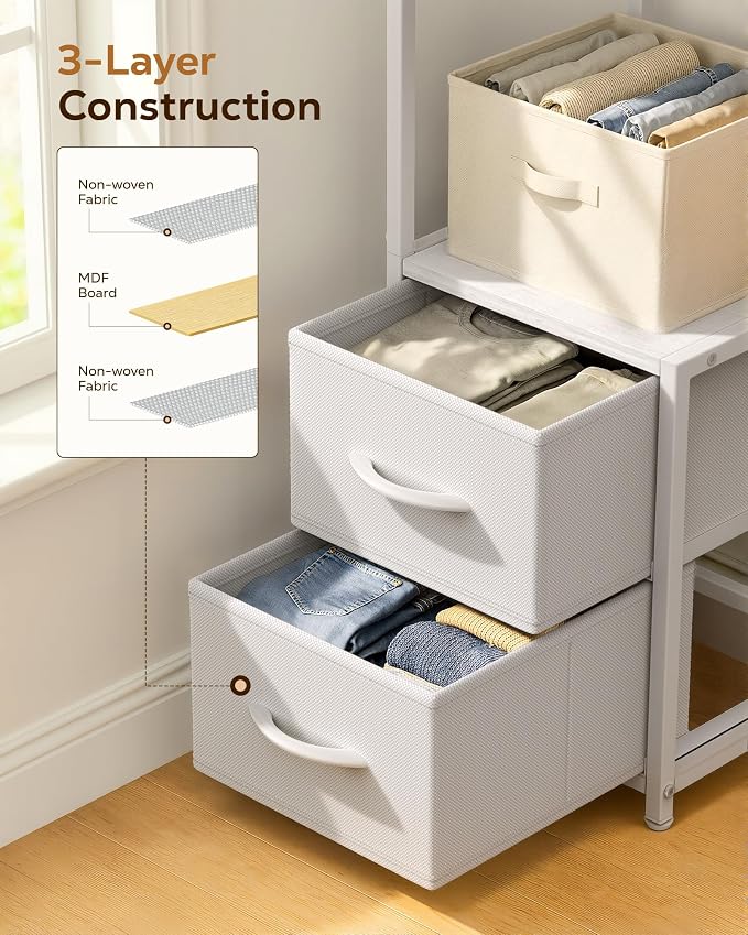 Housolution 6 Tier Corner Shelf Stand with Storage and Fabric Drawers,White | 63.4'' Tall Narrow Corner Bookshelf, Freestanding Corners Storage Shelf for Living Room Bedroom Small Space