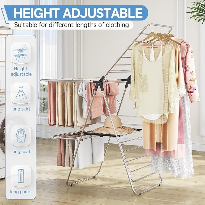 Large Stainless Steel Clothes Drying Rack with 4 Wings | Drying Rack Clothing with Height-Adjustable, Foldable Gullwings, Indoor Outdoor Use, No Assembly, Regular Black