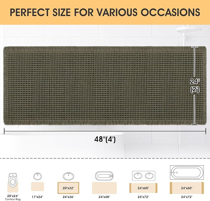Waffle Bath Mat Olive Green 4'x2', Boho Woven Modern Bath Mat Rugs, Absorbent Non Slip Bathroom Rugs, Soft Washable Bath Rugs with Tassels for Bathroom, Bedroom, Kitchen, Shower, Tub