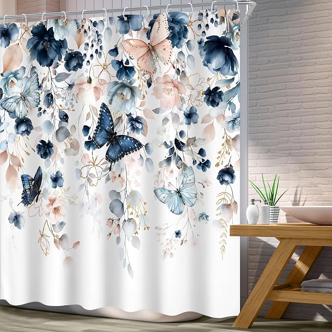 Extra Long Blue Pink Floral Butterfly Bathroom Shower Curtain Set | 72"W x 78"L Spring Summer style, clear shower print, fast-dry fabric and hooks for a simple bath update.