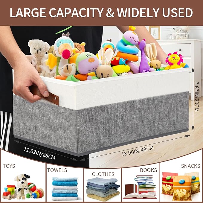 6 Pack Closet Storage Bins, Storage Baskets for Shelves | Linen Closet Organizers and Storage with Leather Handles for Clothes,Towels, Sheets, Jeans, Toys, Books (Grey and White)