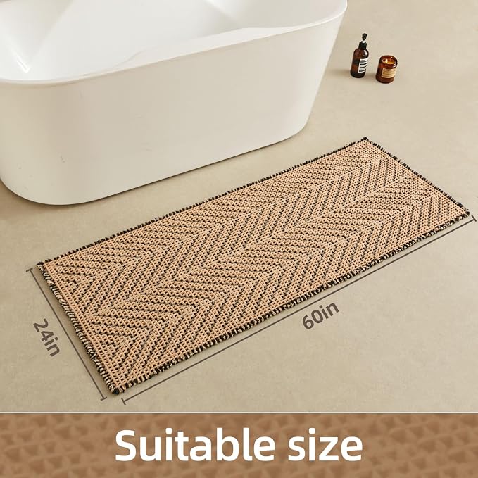 Sunfly Waffle Runner Bath Mat，Long Bathroom Rugs Non Slip Washable, Ultra Soft Super Absorbent Quick Dry Boho Farmhouse Bathroom Decor, 24" x 60", Black &Khaki