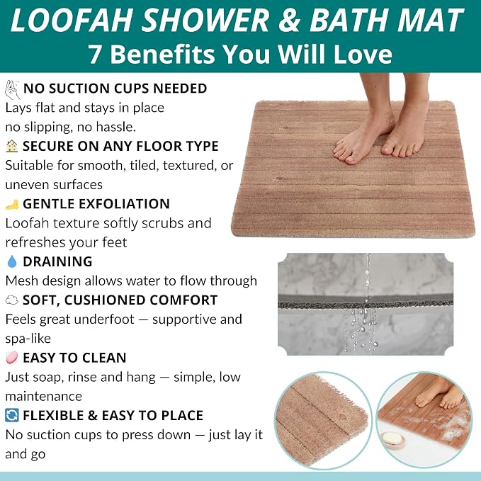 Anti Slip Shower Mat Square - Non Slip Shower Mats for Inside Shower - 24x24 Shower Floor Mat Non Slip - Square Bath Mat for Shower - Secure Loofah Shower Mat No Suction Cups (24x24 Wood Teak)