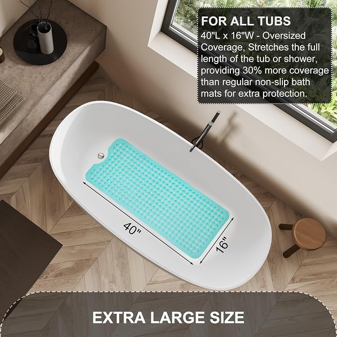 TEESHLY Bath Tub and Shower Mats, Non Slip 40 x 16 Inch Extra Large Bathtub Mat, Machine Washable Bathmat with Drain Holes, Suction Cups for Bathroom Floor, Clear Turquoise