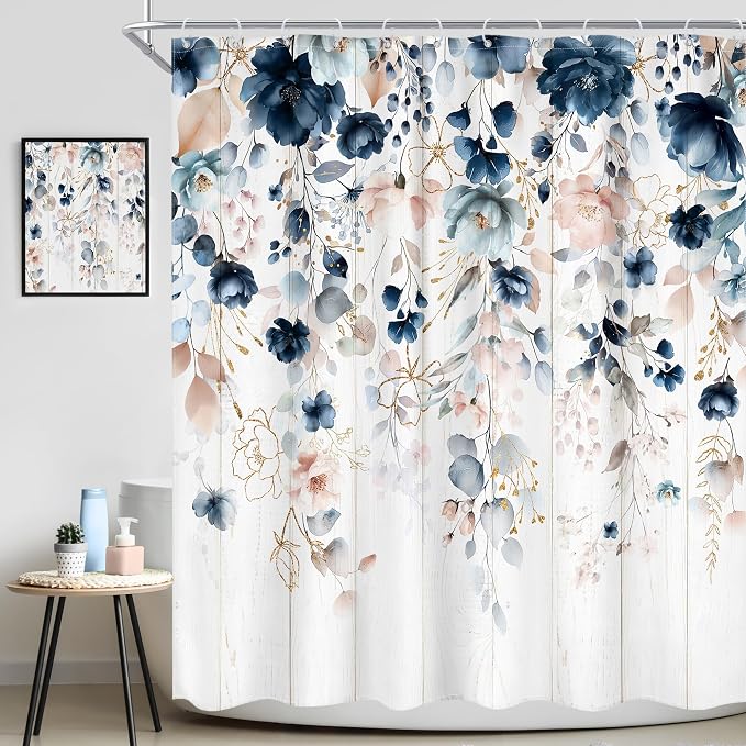 Rustic Floral Spring Summer Blue Pink Bathroom Shower Curtain Set | 72"W x 72"L Flower Wildflower look, waterproof HD printed shower curtain, quick-dry fabric and free hooks.