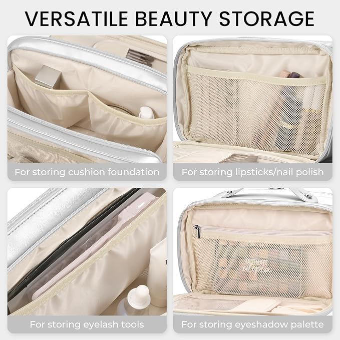 HauteHues Travel Makeup Bag Women's Large Capacity Cosmetic Portable Organizer Large Opening Waterproof Storage Toiletry Bags Vertical Free-Standing Brush Holder for Easy Access Silver