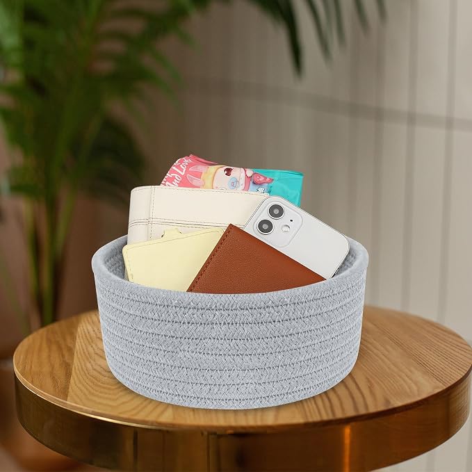 ABenkle Small Woven Basket, Empty Tiny Shallow Storage Basket, Mini Cotton Rope Baskets, Round Decorative Hamper, Basket Storage Bins for Toys, Spa, Socks, Nursery, Living Room- Grey