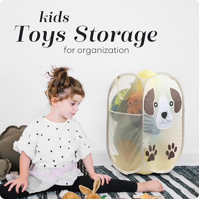 Pop Up Laundry Hamper, Cute Puppy 71L Collapsible Mesh Basket with Handles | Collapsible Mesh Pop Up Hamper, Wide Opening, Side Pocket, Breathable, Sturdy, Foldable, Space-Saving for Clothes Storage