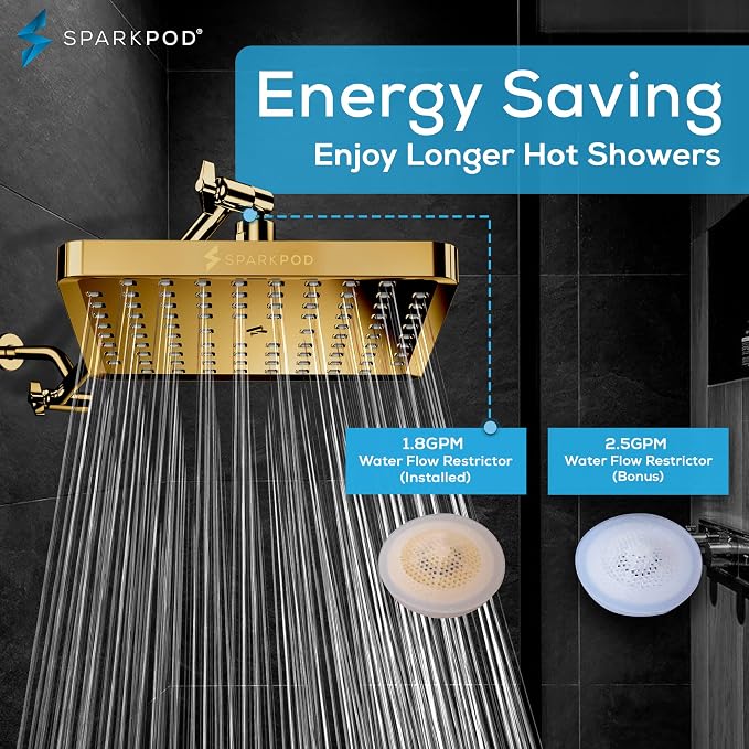 SparkPod Rain Shower Head, 8 Inch Square, Egyptian Gold Finish | High Pressure Shower Heads, 90 Nozzles, Adjustable Showerhead, No Tools Needed, Universal Connection