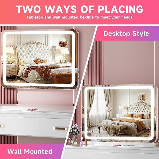 Vanity Mirror with Lights, 23" x 18" LED Makeup Mirror with 10X Magnification, Dimmable 3 Modes, Memory Function, Smart Touch, USB Charging Port, Lighted Makeup Mirror Round White