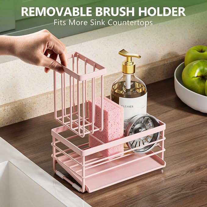 Cisily Pink Sink Caddy Sponge Holder for Kitchen with Brush Holder and Stainless Steel Self Drain Tray, Rustproof Kitchen Sink Organizer for Sponge, Soap Dispenser Storage Accessories
