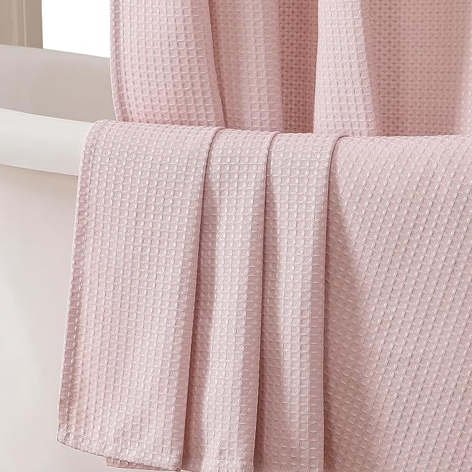 Extra Long Shower Curtain Set - 84 Inch Long Waffle Weave Heavy Duty Cloth Shower Curtain for Bathroom, Luxury Weighted 230GSM Bath Curtain Set with 12 Plastic Hooks, 72x84, Blush Pink