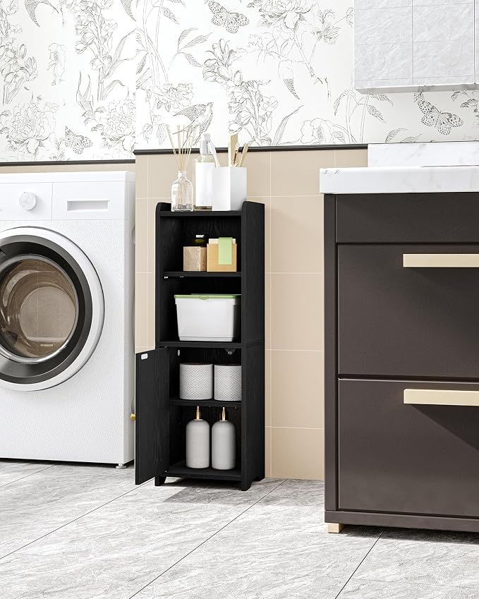 Hzuaneri Bathroom Storage Cabinet, Narrow Toilet Paper Cabinets with Doors | Small Corner Floor Cabinet with Doors and Adjustable Shelf, Bathroom Organizer for Small Spaces, Black BC29704X