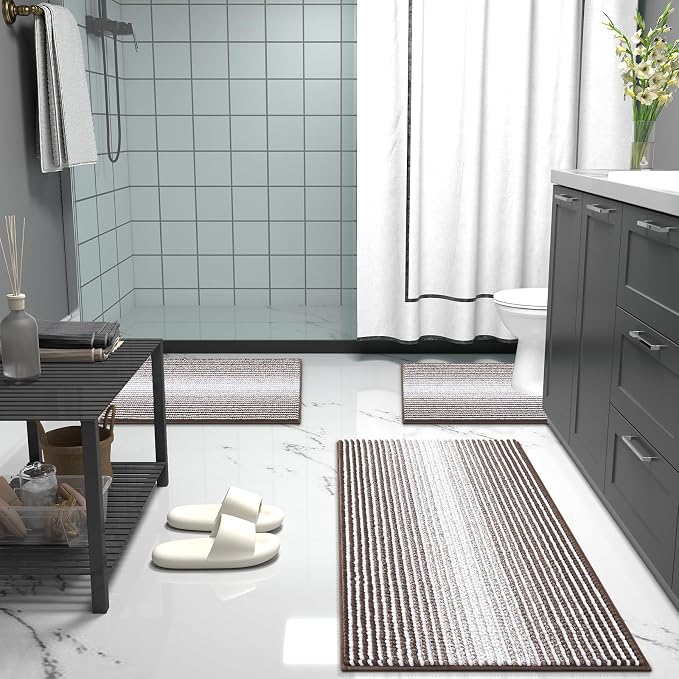 OLANLY Bathroom Runner Rugs 59x24, Soft Chenille Striped Bath Rugs, Brown | Extra Absorbent, Rubber Backing, Machine Wash Dry, Bath Mats for Bathroom Floor, Tub and Shower, Home Decor Accessories