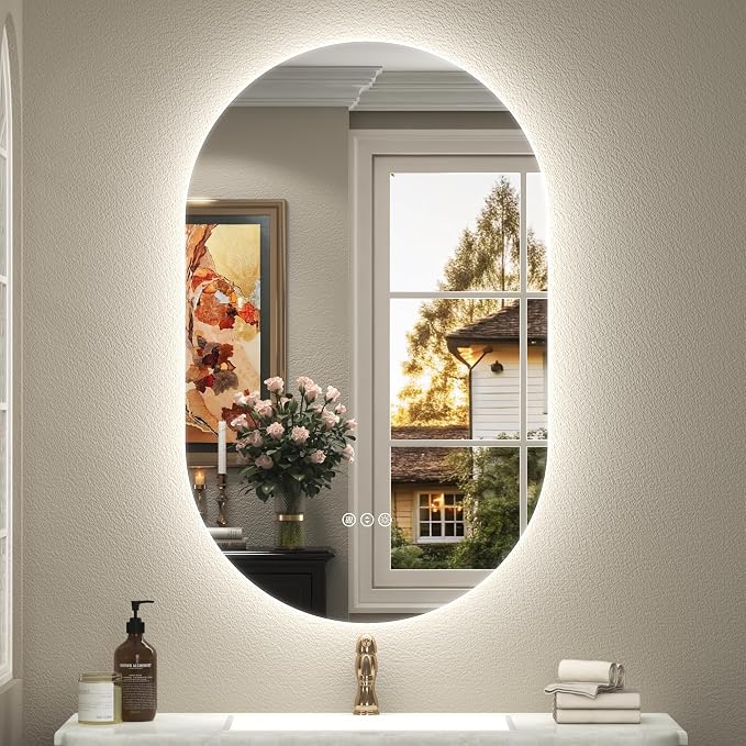 20x32 Inch Oval Backlit LED Bathroom Mirror | Lighted Vanity Mirror with Lights for Wall, Dimmable, Phill-shaped, 3 Colors Lighting, Anti-Fog, Memory (Horizontal/Vertical)