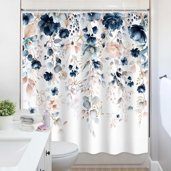 Extra Long Flower Spring Blue Pink Bathroom Shower Curtain Set | 72"W x 78"L Floral Wilfflower look, waterproof HD printed shower curtain, quick-dry fabric and free hooks.