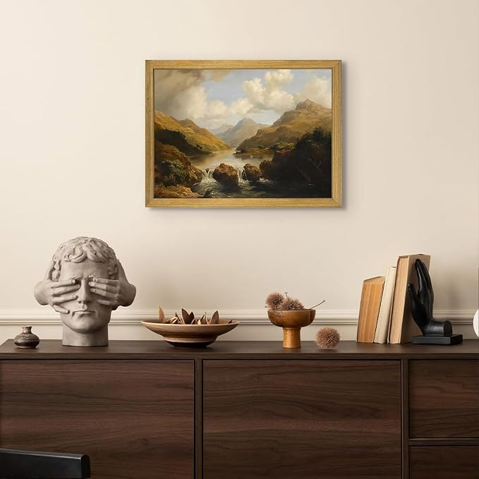 Framed Vintage Landscape Wall Art Home Decor, Retro Mountain Vintage Painting Prints, Countryside Farmhouse Landscape Wall Decor, Canvas Wall Art for Living Room Bedroom Home Bathroom Decor 16x24 Inch