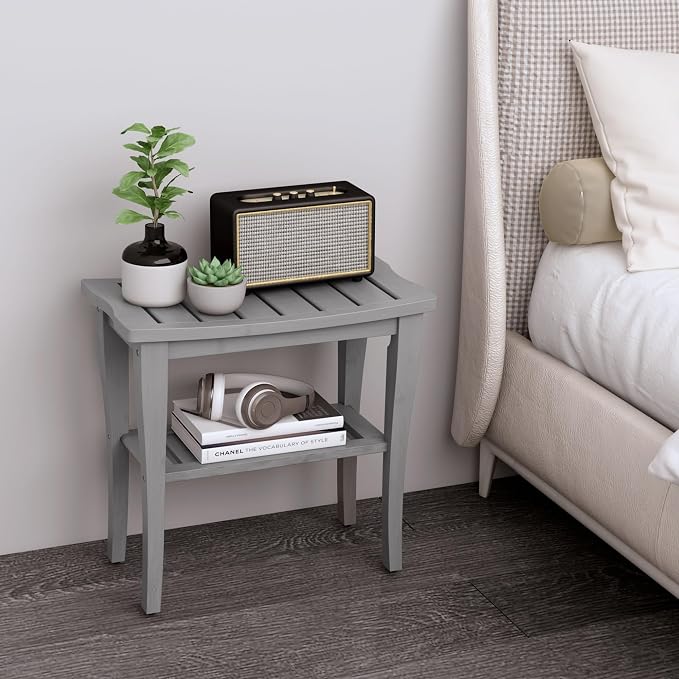 Bamboo Shower Bench Stool with Storage Shelf, Waterproof Shower Chair Spa Bath Seat, Shower Stool for Inside, Bathroom Bench Seat for Adults Elderly Seniors for Indoor or Outdoor Use(Gray)